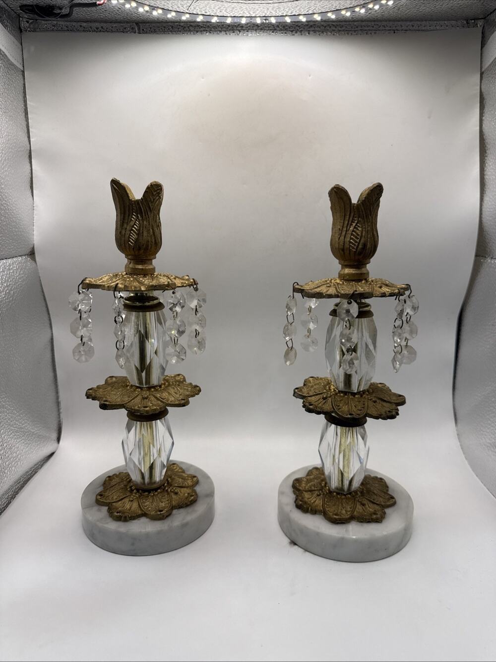 Set 2 Vtg Hollywood Regency Crystal Brass Marble 10”Candlesticks With Crystals *